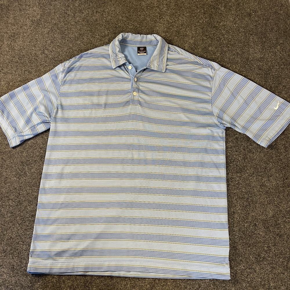 Nike Golf Dri Fit UV Polo Shirt Mens Large Blue Striped Short Sleeve Performance
